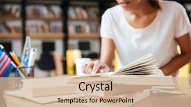  Presentation with researching from books or library - Presentation having table with books in library background and a soft green colored foreground