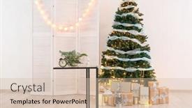  Presentation with fir tree - Slide deck enhanced with table with christmas decorations and beautiful fir tree in interior of living room background and a soft green colored foreground