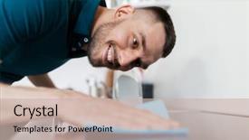  Presentation with people - Slide deck featuring table with cloth cleaning cooker background and a soft green colored foreground