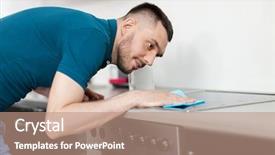  Presentation with people - Slide set consisting of table with cloth cleaning cooker background and a coral colored foreground