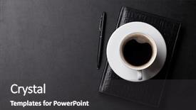  Presentation with coffee cup - Amazing slide deck having table with coffee cup notepad backdrop and a dark gray colored foreground