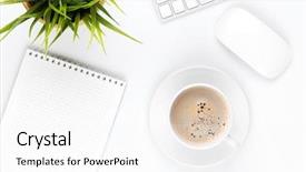  Presentation with flower office desk table - Presentation featuring table with computer supplies coffee background and a white colored foreground