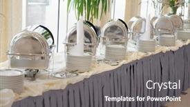  Presentation with shiny - PPT theme with table with dishware and shiny marmites waiting for guests background and a dark gray colored foreground