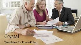  Presentation with couple - Presentation design featuring table with financial advisor background and a coral colored foreground