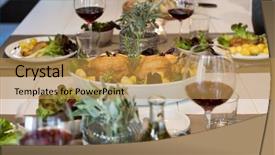  Presentation with food red - Cool new slide deck with table with food and wine set for guests two whole roasted chikens on a restaurant table grilled chickens and various vegetables on wooden table with glasses of red wine backdrop and a gold colored foreground