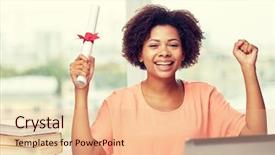  Presentation with education technology - Amazing PPT theme having table with laptop computer backdrop and a coral colored foreground