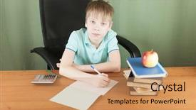  Presentation with many books - Cool new presentation theme with table with many books backdrop and a coral colored foreground