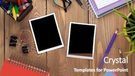  Presentation with colorful first birthday frame - Presentation design having table with notepad colorful pencils background and a coral colored foreground