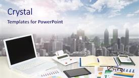  Presentation with financial accounting - Beautiful slide deck featuring table with office objects accounting backdrop and a sky blue colored foreground