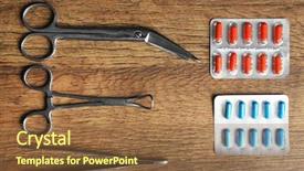  Presentation with surgical instruments - PPT layouts having table with pills and surgical background and a  colored foreground