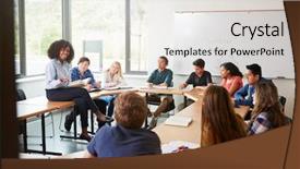  Presentation with high school - Cool new slides with table with pupils teaching math backdrop and a light gray colored foreground