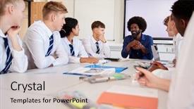  Presentation with high school testing multicultural - Amazing slide set having table with teenage pupil backdrop and a lemonade colored foreground