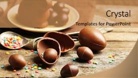  Presentation with eggs egg carton egg box - Audience pleasing presentation theme consisting of tablea cocolate design - chocolate easter eggs on wooden backdrop and a coral colored foreground