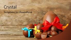  Presentation with chocolate - Colorful presentation design enhanced with tablea cocolate design - chocolate easter eggs on wooden backdrop and a coral colored foreground