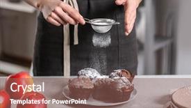  Presentation with icing arcraft - PPT layouts enhanced with tablea cocolate design - woman powdering chocolate muffins background and a violet colored foreground