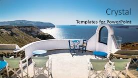 Presentation with santorini - Slide deck consisting of tables and chairs on roof with a panorama romantic view on santorini island greece aegean sea background and a light blue colored foreground