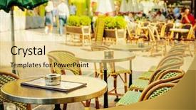  Presentation with old fashioned - PPT theme having tables and chairs paris france background and a yellow colored foreground