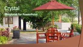  Presentation with under umbrella - PPT layouts consisting of tables and wooden chairs background and a tawny brown colored foreground