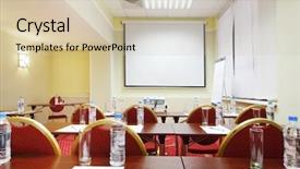  Presentation with projector - Slide set enhanced with tables with bottles and glasses back of red chairs and projector in room for business trainings background and a soft green colored foreground