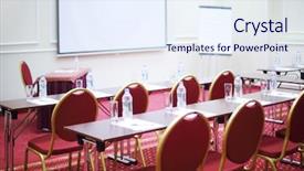  Presentation with projector - Presentation design featuring tables with bottles and sheets back of red chairs and projector in room for business trainings background and a sky blue colored foreground