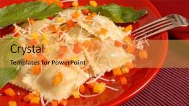  Presentation with red and yellow - Slide set enhanced with tablescapes - ravioli topped with diced red background and a  colored foreground