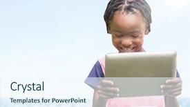  Presentation with water technology - Slide set featuring tablet against blurry water background and a sky blue colored foreground