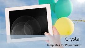  Presentation with hand touching finger digital - Slide set featuring tablet against sky and balloon background and a  colored foreground