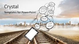  Presentation with railway tracks - Presentation design having tablet and brainstorm doodle against railway tracks leading to city background and a white colored foreground