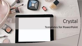  Presentation with cosmetics - PPT theme having tablet and cosmetics on wooden background and a light gray colored foreground