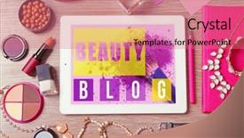  Presentation with blog - PPT theme with tablet and different female items on wooden table top view beauty blog concept background and a coral colored foreground