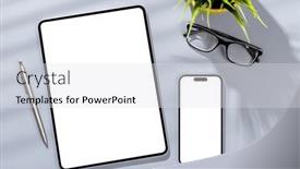  Presentation with business office desk - PPT layouts with tablet-and-smartphone-with-blank background and a light gray colored foreground