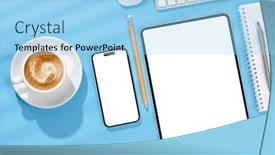  Presentation with business office desk - Presentation theme consisting of tablet-and-smartphone-with-blank background and a light blue colored foreground