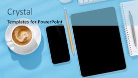  Presentation with business office desk - Presentation theme consisting of tablet-and-smartphone-with-blank background and a light blue colored foreground