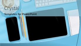  Presentation with business office desk - Slide deck having tablet-and-smartphone-with-blank background and a light blue colored foreground