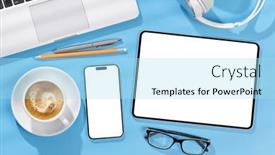  Presentation with business office desk - Slides enhanced with tablet-and-smartphone-with-blank background and a light blue colored foreground