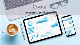  Presentation with desk - PPT theme enhanced with tablet-and-smartphone-with-charts background and a light gray colored foreground