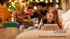  Presentation with cheerful stylish city girl using - Cool new PPT theme with tablet and smiling on christmas backdrop and a coral colored foreground