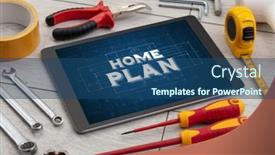  Presentation with under construction - Presentation having tablet-and-tools-with-home background and a ocean colored foreground