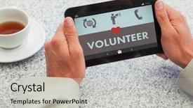  Presentation with hands holding black tablet - Theme having tablet at table against volunteer background and a light gray colored foreground
