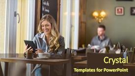  Presentation with pregnant - Colorful slide set enhanced with tablet at table in cafe backdrop and a tawny brown colored foreground