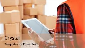  Presentation with tablet - Presentation theme enhanced with tablet checking orders at warehouse background and a coral colored foreground
