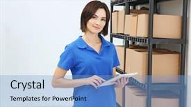  Presentation with lactation young woman breastfeeding - PPT layouts having tablet checking orders at warehouse background and a  colored foreground