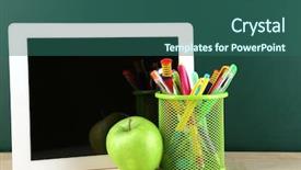  Presentation with front desk - Presentation theme with tablet colorful pens and apple background and a ocean colored foreground