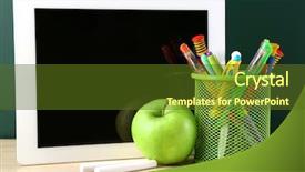  Presentation with front desk - Colorful presentation design enhanced with tablet colorful pens and apple backdrop and a tawny brown colored foreground