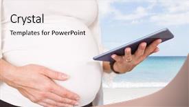  Presentation with pregnant woman - Presentation design enhanced with tablet computer against waters edge background and a  colored foreground