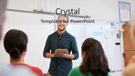  Presentation with adult education - PPT theme featuring male teacher using tablet computer at adult education class background and a light gray colored foreground