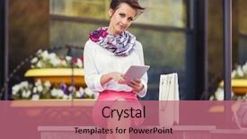  Presentation with pink business - Cool new presentation theme with tablet computer at office building backdrop and a coral colored foreground