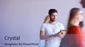  Presentation with movement - Colorful PPT theme enhanced with school modern interior people group backdrop and a light blue colored foreground