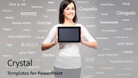  Presentation with world languages - Presentation theme with tablet computer different world background and a light gray colored foreground