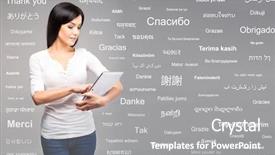  Presentation with world languages - Slide set having tablet computer different world background and a gray colored foreground